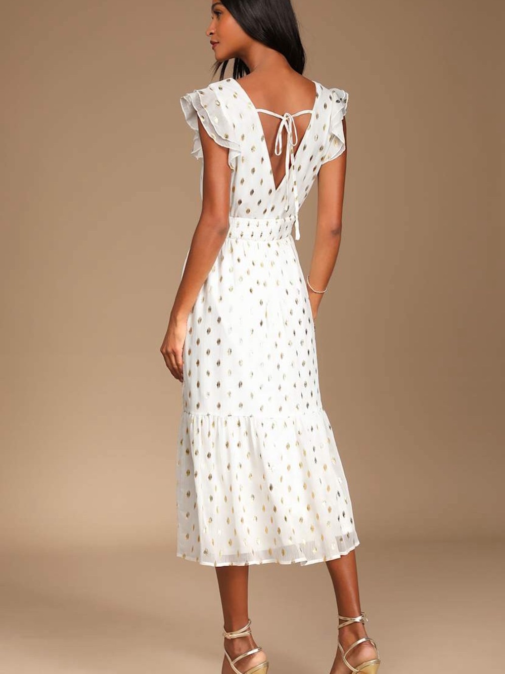 Lulu's Cause to Celebrate White and Gold Dot Ruffled Tiered Midi Dress - Picture 2 of 12